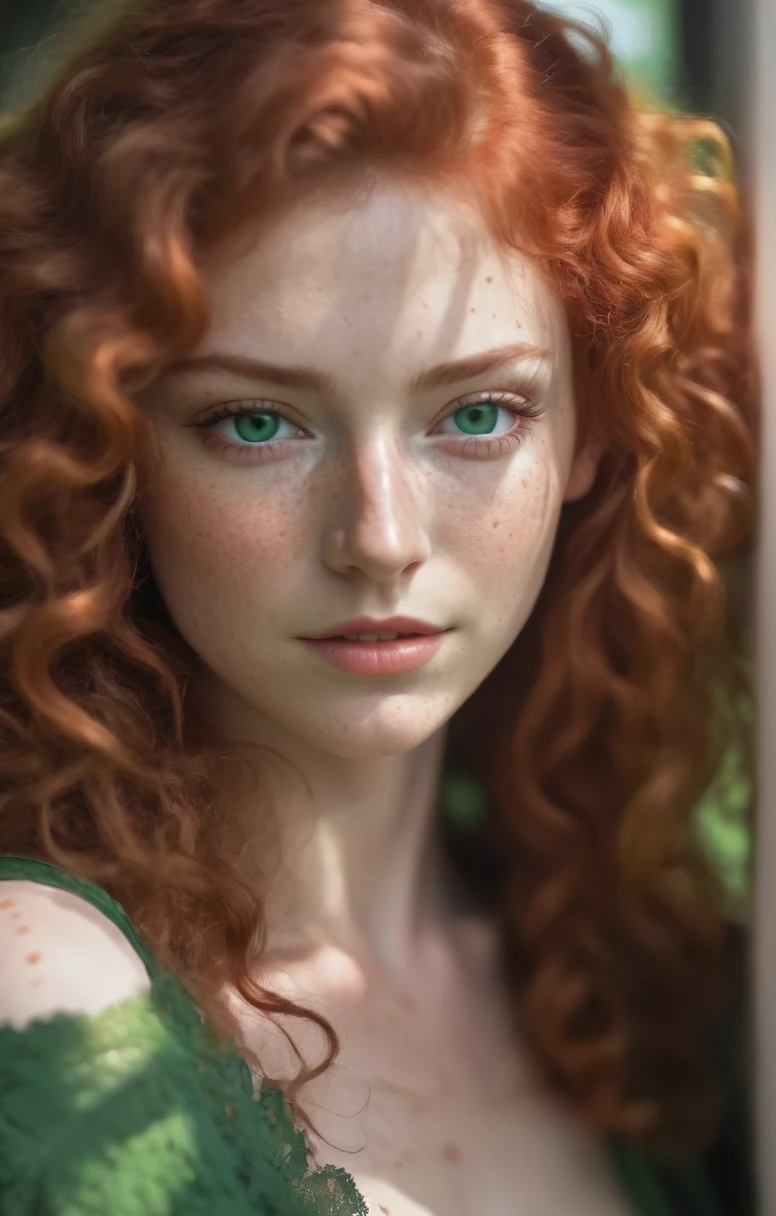 A superb photo of a Beautiful woman with curly red hair and green eyes, dans la jeune vingtaine, natural light, freckled, hyperdetailed face, ultra haute résolution, Photorealistic; True-to-life picture, natural skin, 8k,HDR, best quality, emerald green eyes, shadows real, Photorealistic, textured skin, detailed skin pores, peau real, natural shade
 