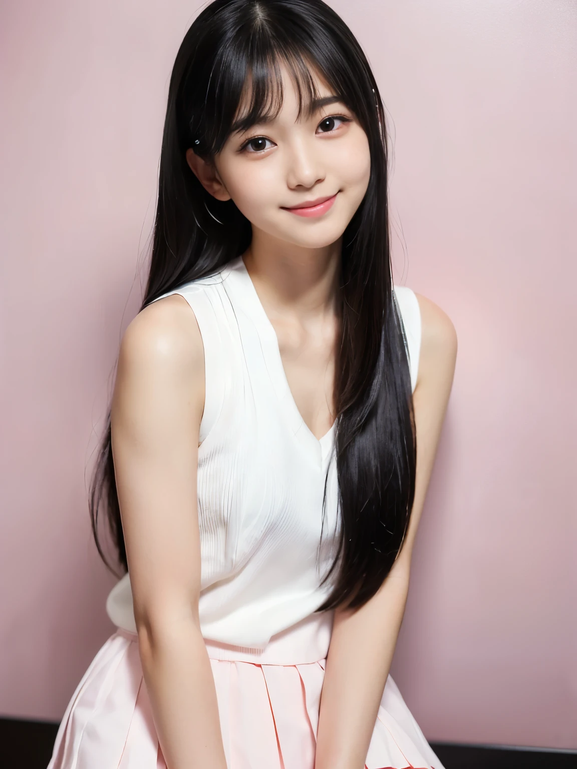(Best-quality, Masterpiece, Ultra-High-Resolution, (Photorealistic:1.4), Raw Photo, depth of field, professional lighting, perfect anatomy, extremely details), (1girl, 15-years-old, the most famous Japanese-idol), (((panty-shot))), ((looking at viewer, innocent smile)), (((extremely beautiful and extremely realistic skins))), (((big-black-eyes))), (((extremely cute face like the most popular Japanese idol))), (long-eyelashes), (black long-straight-hair), (((wearing white sleeveless-shirt with cute-design and light-pink pleated-miniskirt with cute-design)))