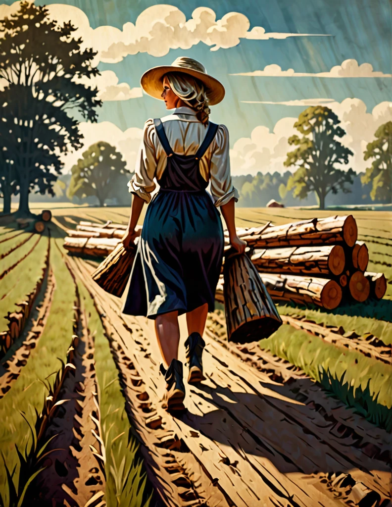 female farmer walking backwards with logs in her field during the day, 70s style dark fantasy paper, with intense painting in German romantic style. Spectacular shadows and lighting.