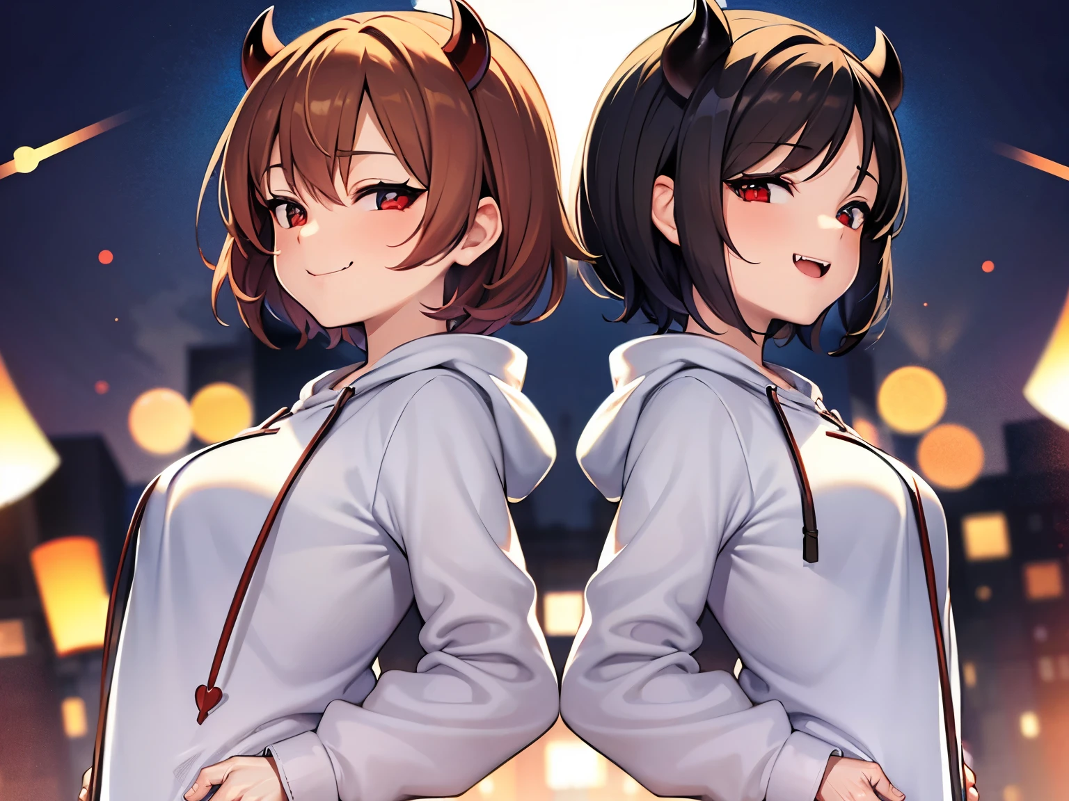(SFW:1.5),(small breasts:1.3),beautiful, masterpiece, Highest quality, anime,(1athletic female:1.5), (alone:1.5), look at viewer, Intricate details, (Shining Eyes:1.3),(Beautifully detailed eyes:1.1),(Eyes are bright red:1.5),(short hair:1.5),(sidelocks:1.4),(Demon horns on head:1.5),(Brown Hair:1.5), (slant eyes), Cheerful eyes,(Mouth wide open and fangs:1.3),(white clothing:1.5),(hoodie dress:1.5),(Sharp focus:1.2),from front,(light smile:1),(upper body),aggressive,(hood:1.3),
