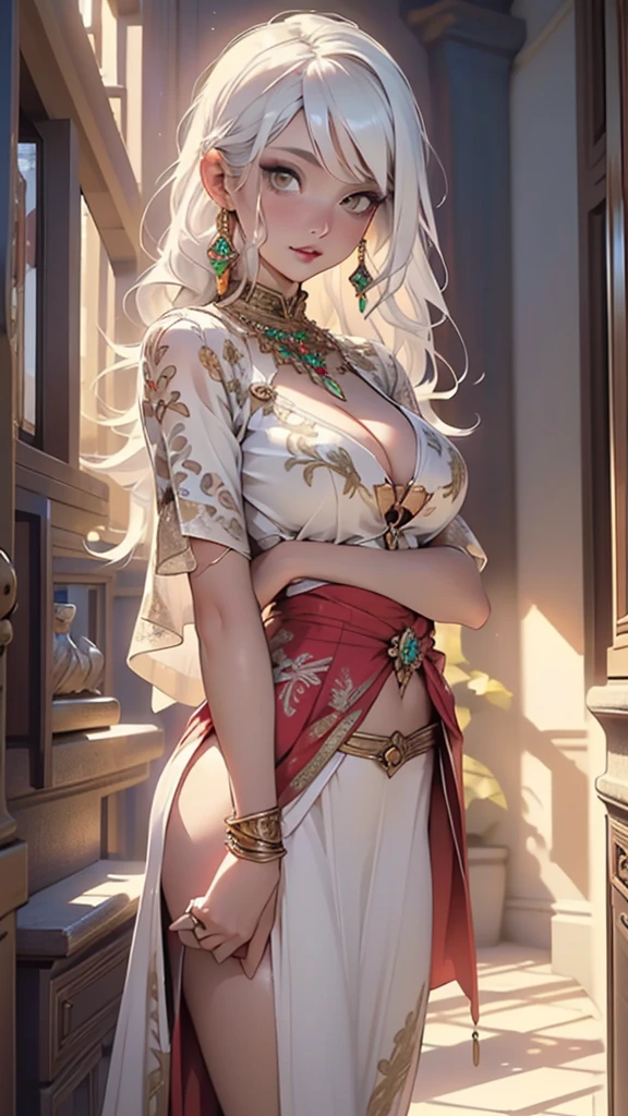 woman,1female,((milf,mom,mature,mature woman,45 years old female,adult)),(large breasts:1.5),saggy breasts,(((white hair:1.4,straight hair,long hair:1.4,colored inner hair))),((yellow_eyes:1.3)),intricate eyes,beautiful detailed eyes,symmetrical eyes,((((dark skin:1.4,lustrous skin:1.5,bright skin: 1.5,skin tanned,shiny skin,very shiny skin,shiny body,illuminated skin)))),(spider lower abdomen,narrow waist,wide hip,bimbo body,inflated legs,thick thighs,delicate detailed fingers),(((detailed face))),
cute,slutty,sensual,seductive look,seductive,((erotic)),opulent,sumptuous,longingly,((nsfw)),
queen,goddess,fantasy,(((ice jewelry,intricate necklace,christmas jewelry,detailed outfit))),cleavage,silver silk,((eyeshadow,elegant makeup,eyelid makeup,gold lips,gold lipstick)),zettai ryouiki,revealing clothing,show skin,cleavage,((underboob)),((arabian dress, arabian princess,arabian beauty,beautiful alluring,beautiful genie girl)),((intricate sheer see-through genie outfit)),arabian accessories,(arabian jewelry in her arms),earrings,(((pelvis curtain))),(loincloth),(((red dress))),((Transparent cloth:1.1)),(((intricate outfit,intricate clothes,embroidered outfit,ornate outfit,embroidered clothes,ornate clothes))),
(dynamic pose:1.0),embarrassed,(centered,scale to fit dimensions,Rule of thirds), inside,indoor,((palace in Arabia, palace in Arabia background)),scenery:1.25,((intricate scenery)),
(Glossy winter ornaments),highres,sharp focus,(ultra detailed,extremely detailed),(photorealistic artwork:1.37),(extremely detailed CG unity 8k wallpaper),(((vibrant colors,vibrant theme))),(intricate),(masterpiece),(best quality),artistic photography,(photography taken by sldr),(intricate background),perfect rendered face,perfect face details,realistic face,photo realistic,((intricate detail)),(((realism))),