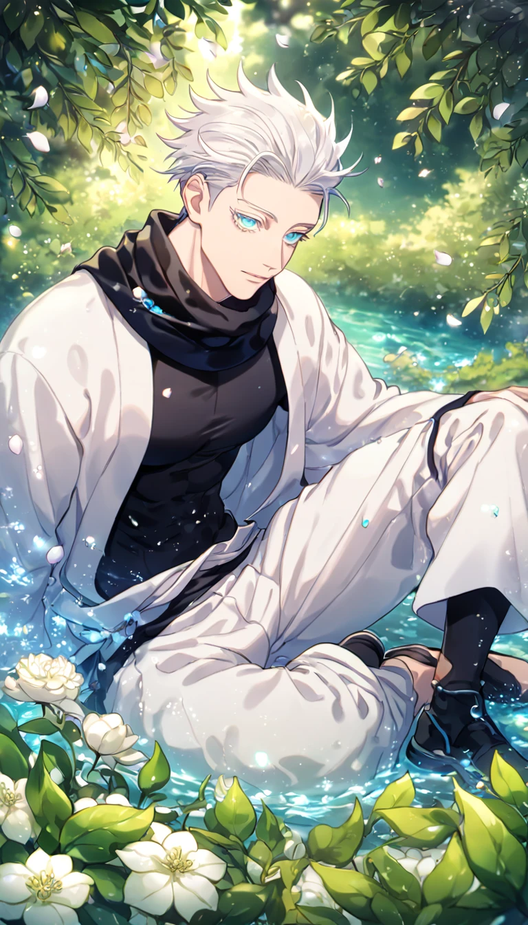 Ultra detailed, HDR, Highres, absurdres, master piece, Gojou Satoru, white hair with bangs, slicked back hair, white eyelashes, expressive blue eyes, black scarf, black tight shirt, white haori, white baggy pants, Jujutsu Kaisen, sexy man sitting, handsome, flowers, petals, fantasy, magical, green leaves, summer, handsome, sensual, best quality, glittering, solo, manly man, water,