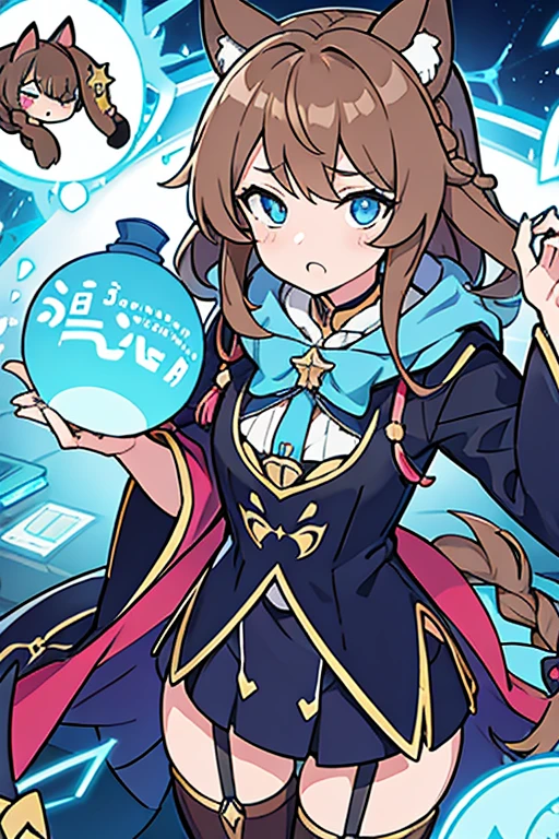 ダンジョンで調査をしているボーイッシュでクールなCat ear少女、Brown Hair、Blue eyes、、Highest quality、anime、、Hooded cloak、Appraisal tools、Brilliance、Genshin Impact、rough、Data for investigation、secretary、record、Beastman、Cat ear、Fantasy、Different world、Guild costumes、Braided Pigtailysterious atmosphere、cool、Zerens Zone Zero、Collapse Star Rail、Blue Archive、Project Sekai、anime調、Dynamic composition、long hair that grows to the floor、Beginning of the story、event、Single image、Bocchizarock、Single color background