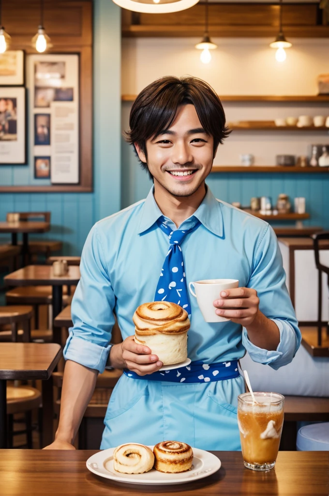 Create an image of the blue lock character Isagi Yoichi smiling in a cafe while wearing a cute light blue outfit with prints of the Samrio character Cinnamonroll