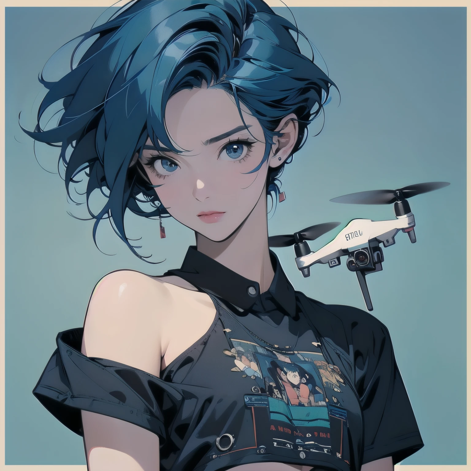Trigun、Persona、Beautiful woman、Movie Posters、Upper Body、Model pose、mysterious、Small breasts、Black Hair、Short sleeve、(((A detailed and complex drone)))、(((The perfect drone)))、(((Blue hair color)))