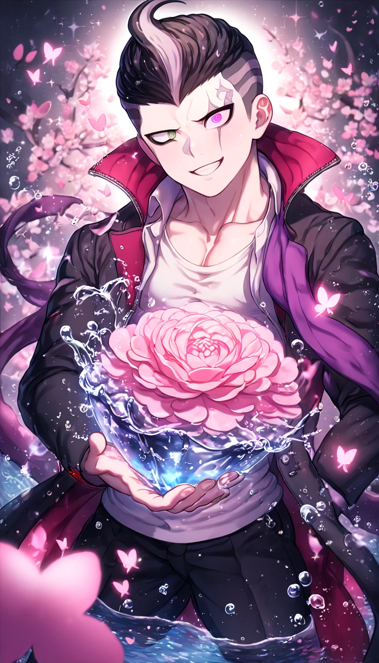absurdres, highres, ultra detailed, HDR, master piece, best quality, Tanaka Gundham, black hair, heterochromia, right eye is red, left eye is gray, Danganronpa, solo, sexy man, handsome, sensual, horny, smile, black coat, white shirt, purple scarf, water, fantasy, magical, shining, pink flowers, pink blossoms, pink petals, pink butterflies, sparkling glass