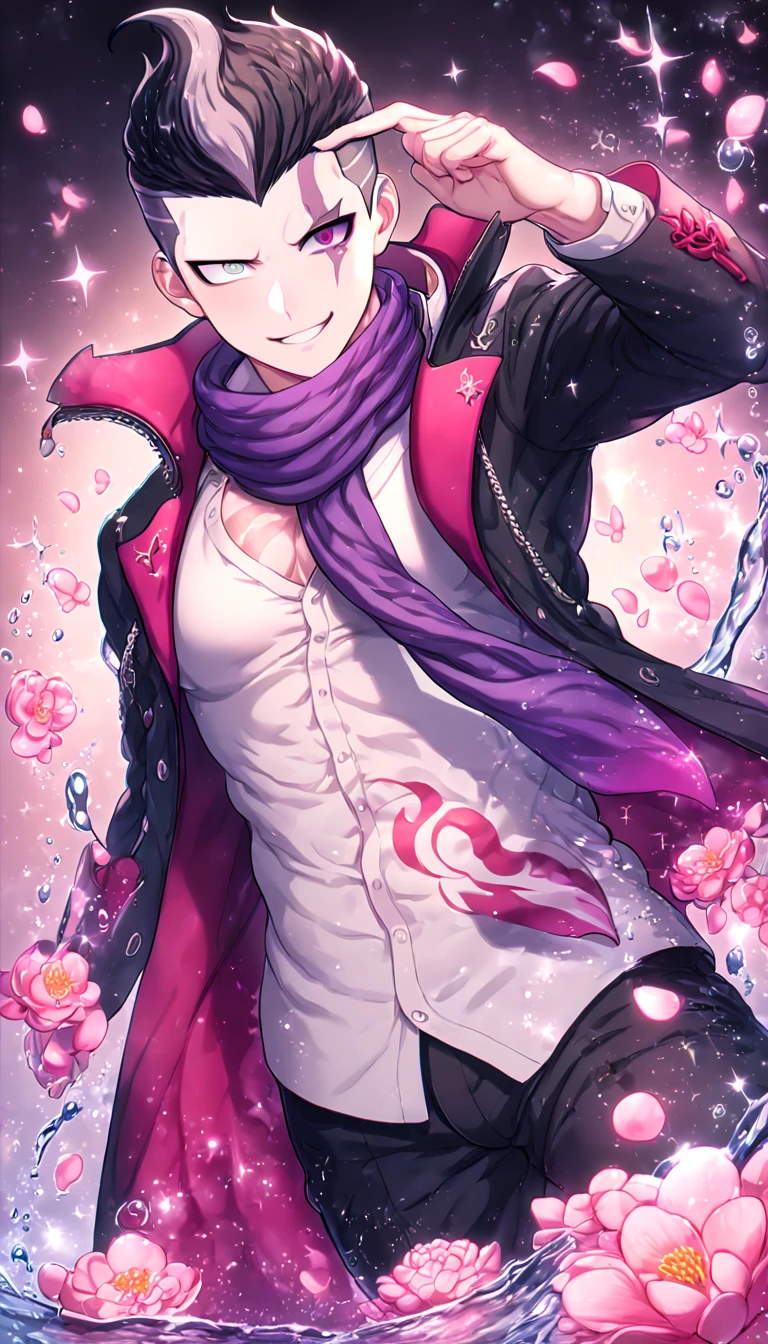 absurdres, highres, ultra detailed, HDR, master piece, best quality, Tanaka Gundham, black hair, heterochromia, right eye is red, left eye is gray, Danganronpa, solo, sexy man, handsome, sensual, horny, smile, black coat, white shirt, purple scarf, water, fantasy, magical, shining, pink flowers, pink blossoms, pink petals, pink butterflies, sparkling glass