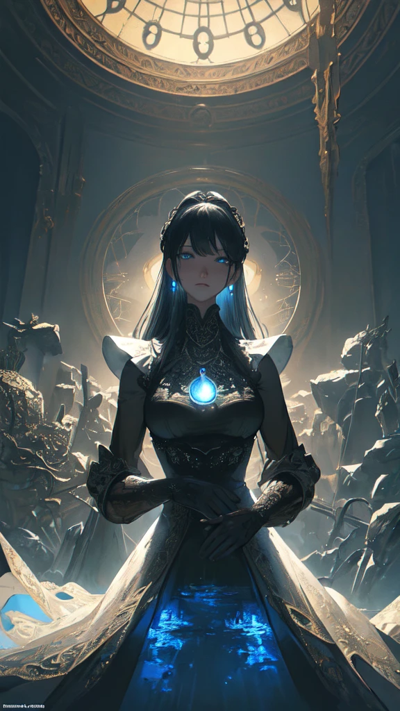 (masterpiece, Highest quality, Very detailed, Best Shadow), (Detailed Background,Dark fantasy), (Beautifully detailed landscapes), High Contrast, (Best lighting, Very delicate and beautiful), ((Cinematic Light)), colorful, Hyper Detail, Dramatic Light, Intricate details, Dynamic Angle), Black light swirling around, Depth of written boundary,black light particles,(Broken glass),magic circle,water,huge clocks,zero,the sun and the moon,Landscape only,There are no people,Watch Center,A clock sinking in water,Blue glowing light,Huge tower and city