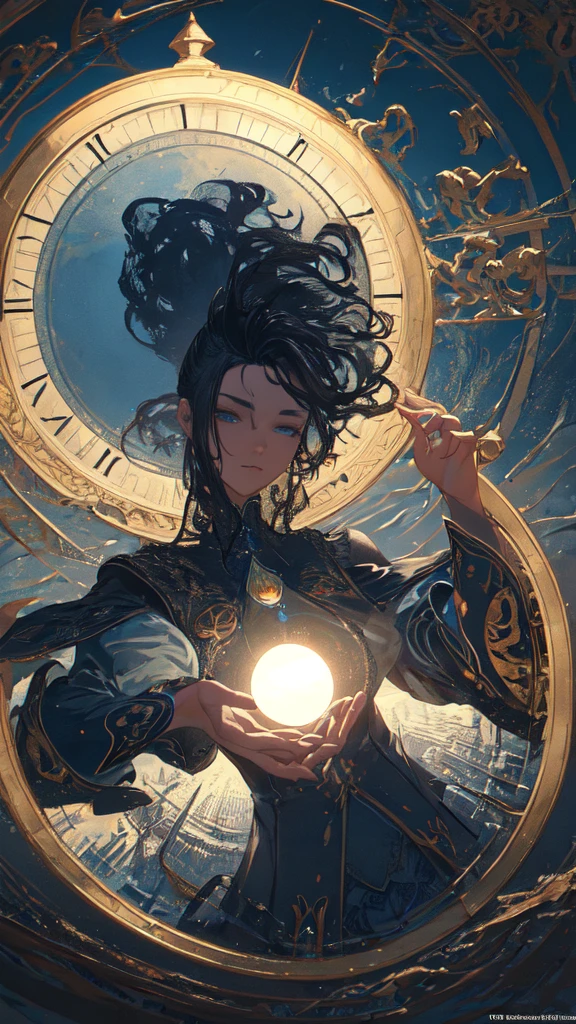 (masterpiece, Highest quality, Very detailed, Best Shadow), (Detailed Background,Dark fantasy), (Beautifully detailed landscapes), High Contrast, (Best lighting, Very delicate and beautiful), ((Cinematic Light)), colorful, Hyper Detail, Dramatic Light, Intricate details, Dynamic Angle), Black light swirling around, Depth of written boundary,black light particles,(Broken glass),magic circle,water,huge clocks,zero,the sun and the moon,Landscape only,There are no people,Watch Center,A clock sinking in water,Blue glowing light,Huge tower and city