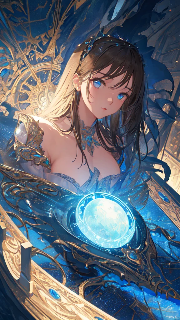 (masterpiece, Highest quality, Very detailed, Best Shadow), (Detailed Background,Dark fantasy), (Beautifully detailed landscapes), High Contrast, (Best lighting, Very delicate and beautiful), ((Cinematic Light)), colorful, Hyper Detail, Dramatic Light, Intricate details, Dynamic Angle), Black light swirling around, Depth of written boundary,black light particles,(Broken glass),magic circle,water,huge clocks,zero,the sun and the moon,Landscape only,There are no people,Watch Center,A clock sinking in water,Blue glowing light,Huge tower and city