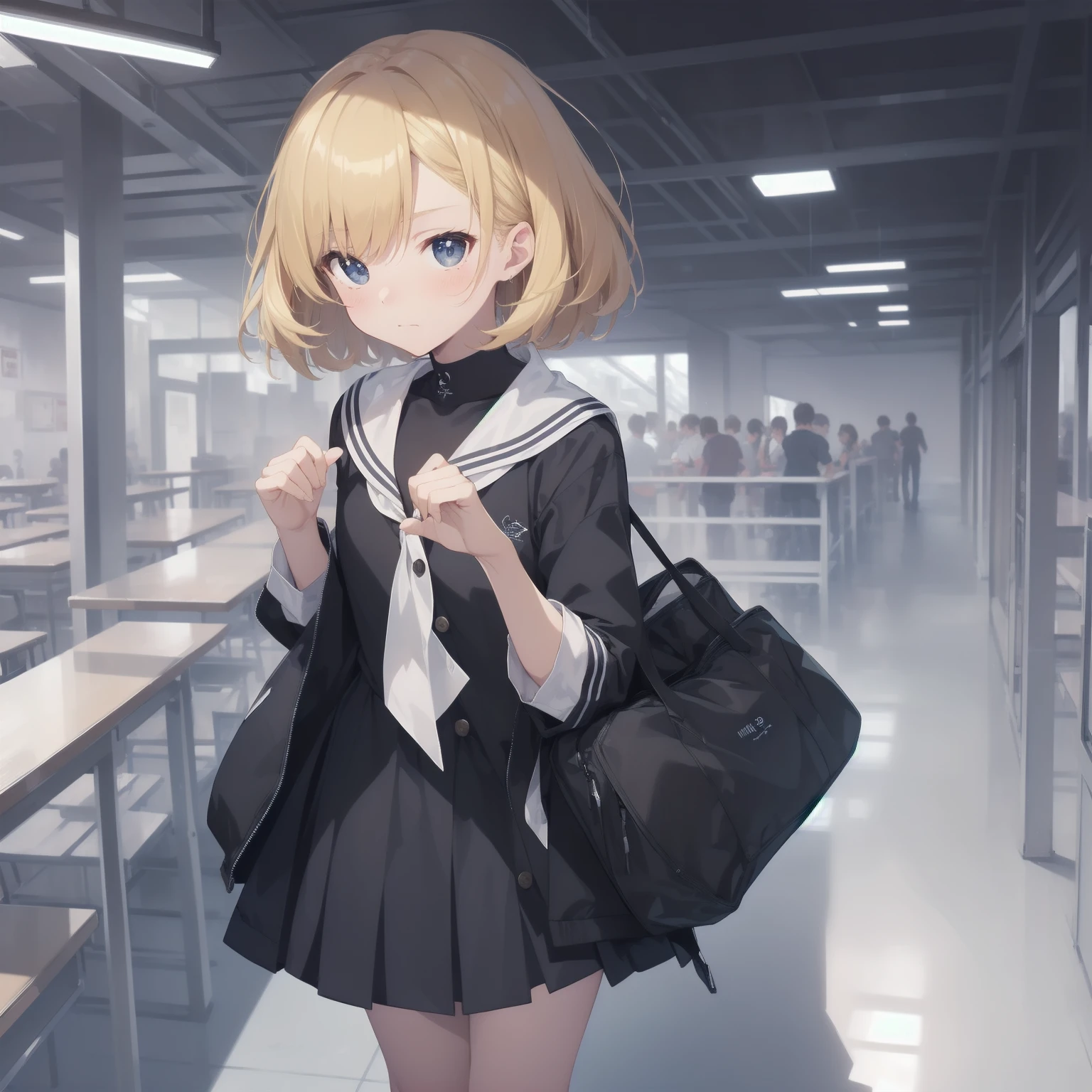 ultra-absurdres-Top quality by artist God, ultra-detailed, high resolution, anime moe artstyle, best anime 8k konachan wallpaper, pixiv contest winner, pool:2810, perfect anatomy,break, 1girl, (Please draw a girl walking sleepily to school alone. )break,(Solo,little female, 13-year-old:1.3),Full limbs, complete fingers,a junior high school student, (very short hair), short cut, flat chest, , small butt, small black eyes, beautiful detailed eyes, well-proportioned iris and pupils, expressive eyes, highres detailed hair, soft expression, salor school_uniform, sailor collar, serahuku, bow, pleated skirt,(Detailed Lighting), (Detailed background), in the School commute route. break,super detailed skin, Best cinematic lighting powered by famous artist, 8k,beauty illustration,photoshop_(medium),very aesthetic,break,((artist:fumihiko (fu mihi ko) )), artist:clamp ,artist:carnelian ,artist:kantoku ,