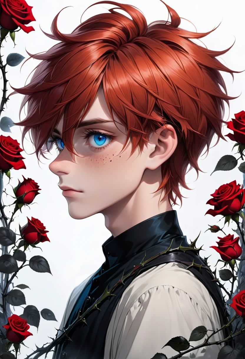 Imagine the side profile of an 18 y boy with short tousled red hair and blue round eyes with a straight nose, thin lips, long forehead tied up with black roses and thorns that imprisoned his body