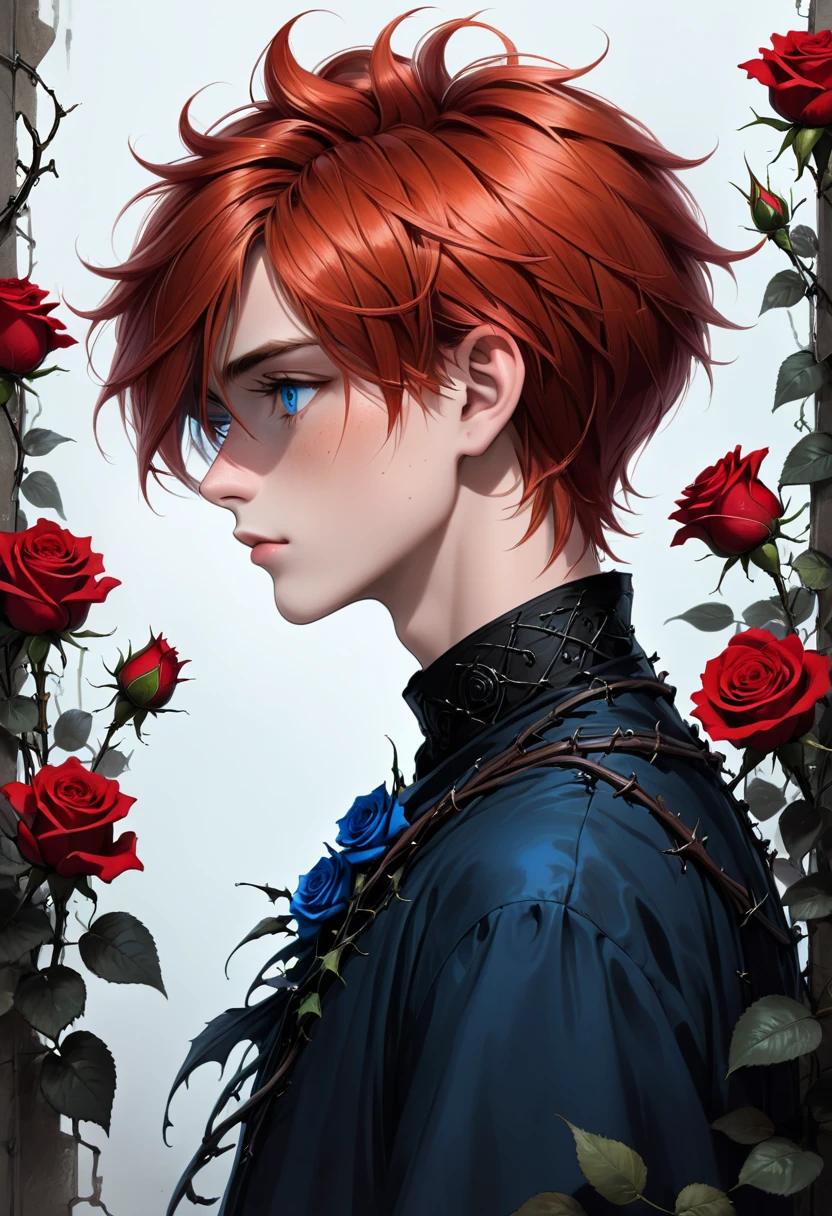 Imagine the side profile of an 18 y boy with short tousled red hair and blue round eyes with a straight nose, thin lips, long forehead tied up with black roses and thorns that imprisoned his body