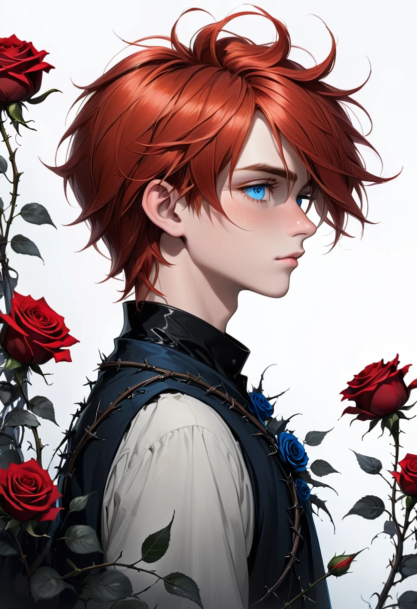 Imagine the side profile of an 18 y boy with short tousled red hair and blue round eyes with a straight nose, thin lips, long forehead tied up with black roses and thorns that imprisoned his body