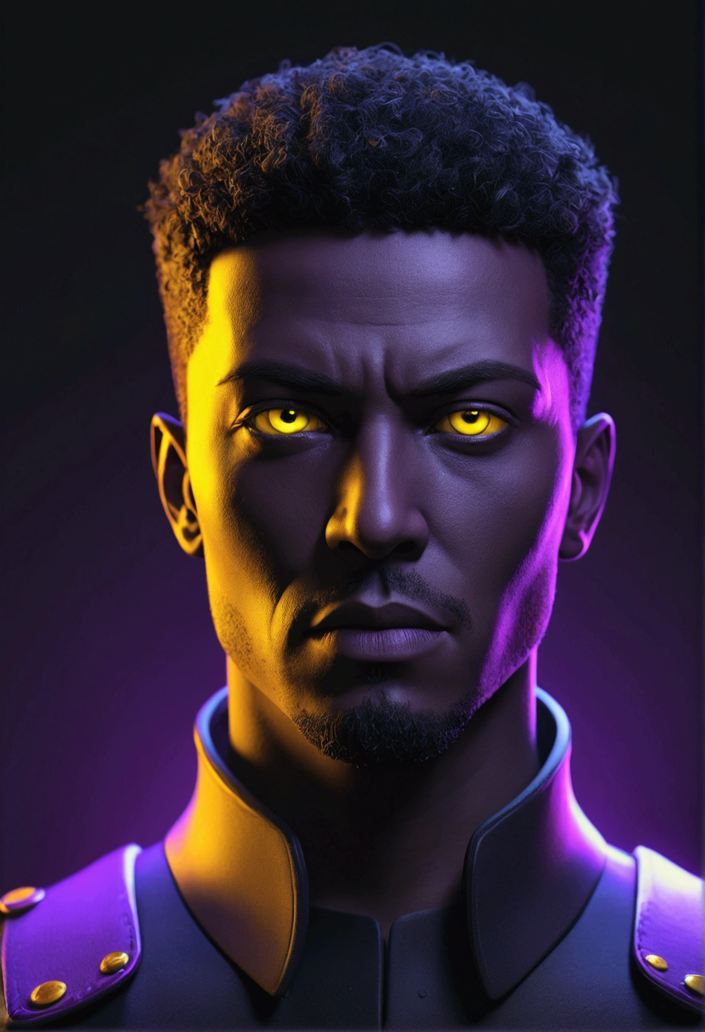 3d black purple gradient man,glowing yellow eyes concept art character, matte skin,8k trending on artstation, looking by his side not straight to camera