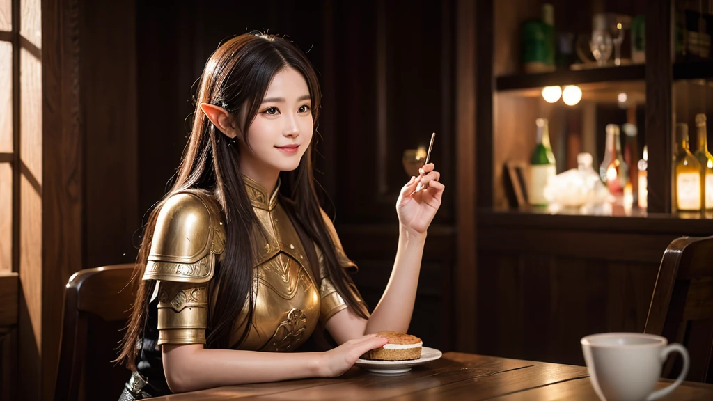 masterpiece, rest, best quality, Very detailed, Super real, 16K, high resolution, Bistro，（individual），Beautiful female elf，Openwork leather armor，回声 is sitting in a tavern, Smiling Face，Relax，Soft lighting