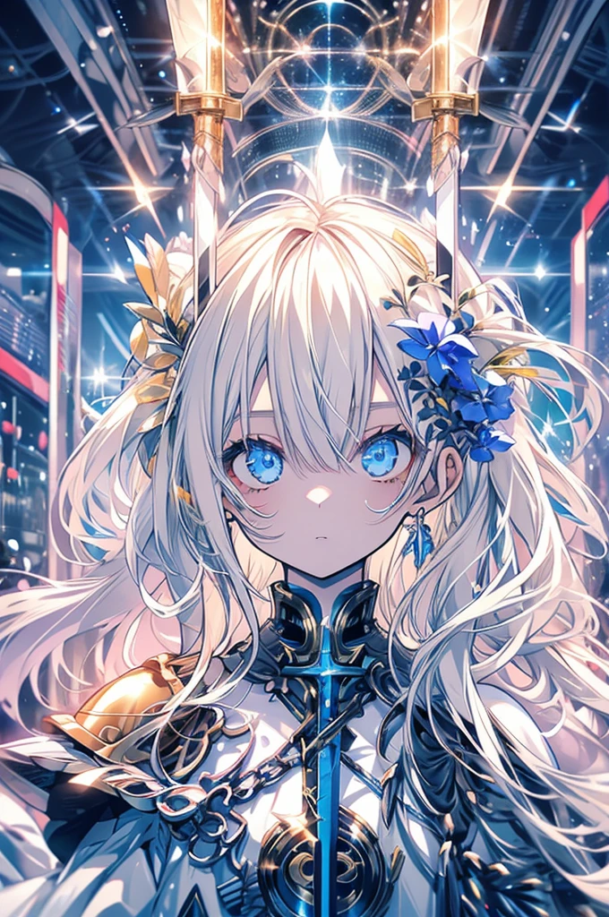 Knight Angel, boy, and shiny skin, white long hair, Blue eyes, neutral person, white crusader armor, yellow shoulder pads, sword on belt, costs, Best quality, high detail, masterpiece