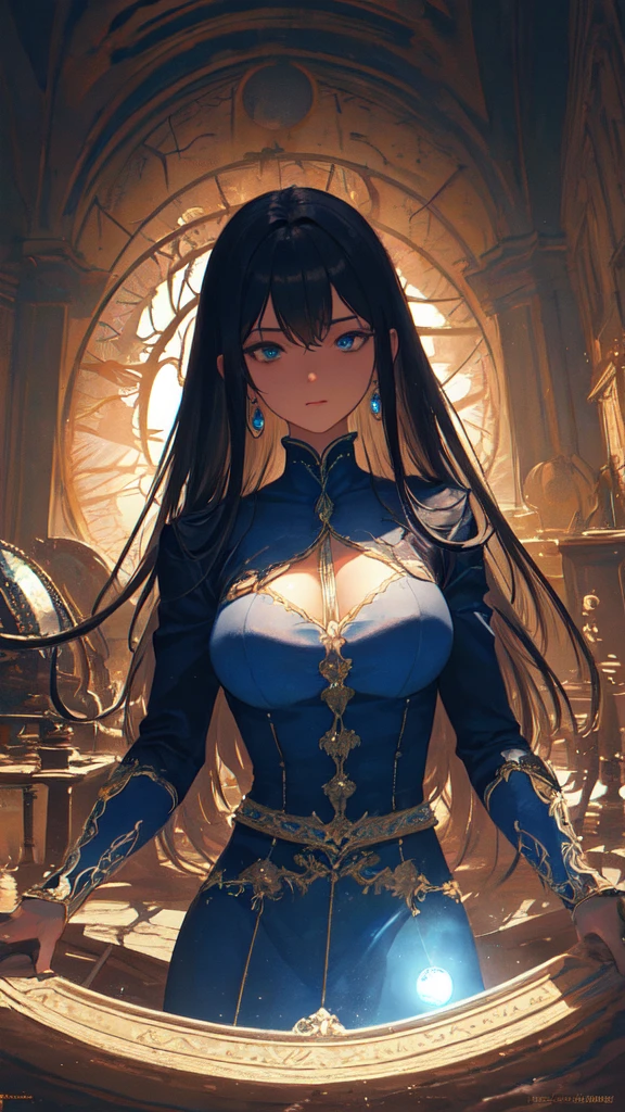 (masterpiece, Highest quality, Very detailed, Best Shadow), (Detailed Background,Dark fantasy), (Beautifully detailed landscapes), High Contrast, (Best lighting, Very delicate and beautiful), ((Cinematic Light)), colorful, Hyper Detail, Dramatic Light, Intricate details, Dynamic Angle), Black light swirling around, Depth of written boundary,black light particles,(Broken glass),magic circle,water,huge clocks,zero,the sun and the moon,Landscape only,There are no people,Watch Center,A clock sinking in water,Blue glowing light,Huge tower and city