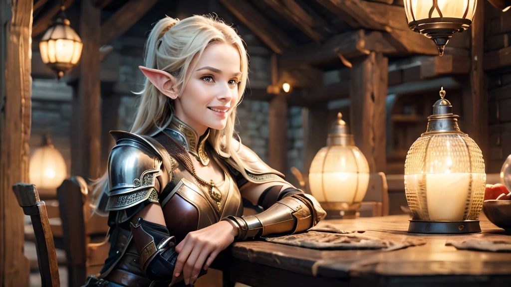 masterpiece, rest, best quality, Very detailed, Super real, 16K, high resolution, Bistro，（individual），Beautiful female elf，Openwork leather armor，回声 is sitting in a tavern, Smiling Face，Relax，Soft lighting