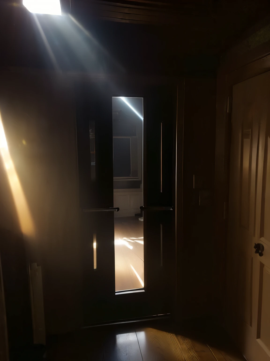 (masterpiece:1.2, best quality:1.2), (1girl), professional lightings, cinematic lightings, 8k wallpaper, (((1 door in frame))), indoor, (((view the door from outside of attic room, a little bit opened door:1.3, wooden floor, a shaft of light from the bit rack opened by the door:1.3, a narrow beam of light from the bit rack opened by the door:1.3))), (((dark atmosphere, lights off & dark hallway))), close up angle, zoom up angle, front view,