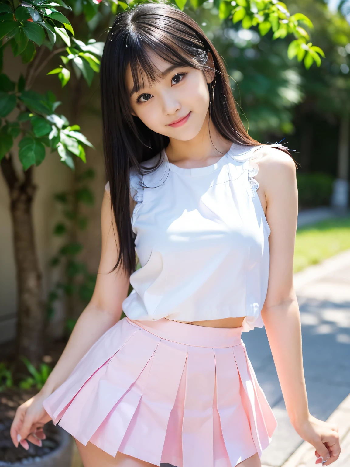 (Best-quality, Masterpiece, Ultra-High-Resolution, (Photorealistic:1.4), Raw Photo, depth of field, professional lighting, perfect anatomy, extremely details), (1girl, 15-years-old, the most famous Japanese-idol), (((panty-shot, skirt turned up by the wind))), ((looking at viewer, innocent smile)), (((extremely beautiful and extremely realistic skins))), (((big-black-eyes))), (((extremely cute face like the most popular Japanese idol))), (long-eyelashes), (black long-straight-hair), (((wearing white sleeveless-shirt with cute-design and light-pink pleated-miniskirt with cute-design)))