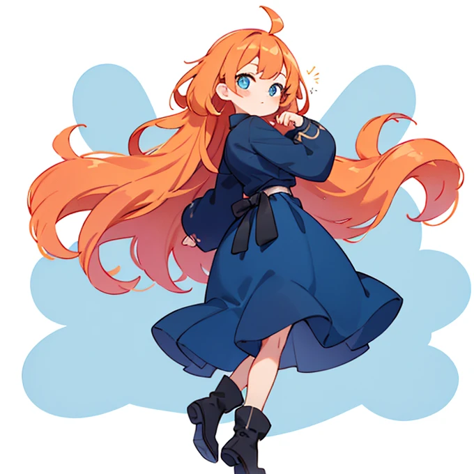 A Girl shows her long orange hair falling in soft waves to the middle of her back. Her delicate face has a straight nose and big blue eyes.. she wears a blue dress , with a wide black belt that accentuates her waist. Her light skin and black boots complete her look., giving an elegant and mysterious impression.Adorable kawaii pose with white background