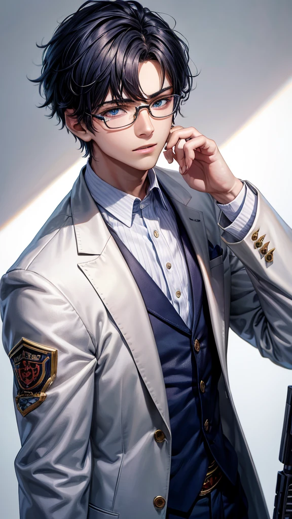 (HD), (ULTRA HD+++),(masterpiece), best quality, {{detailed image}}, half image, {{18 years old boy with dark blue short hair}}, wear glasses, white eyes mixed with blue, wearing a white suit with blood stains, hold a assault riffle in his hands, blood in his cheek, blood stains on his face and on his white suit, white background.