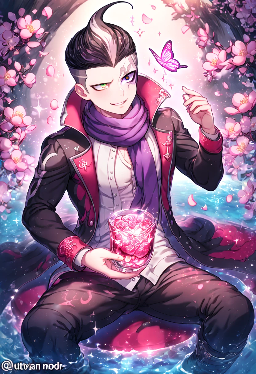absurdres, highres, ultra detailed, HDR, master piece, best quality, Tanaka Gundham, black hair, heterochromia, right eye is red, left eye is gray, Danganronpa, solo, sexy man sitting, handsome, sensual, horny, smile, black coat, white shirt, purple scarf, black pants, water, fantasy, magical, shining, pink flowers, pink blossoms, pink petals, pink butterflies, sparkling glass