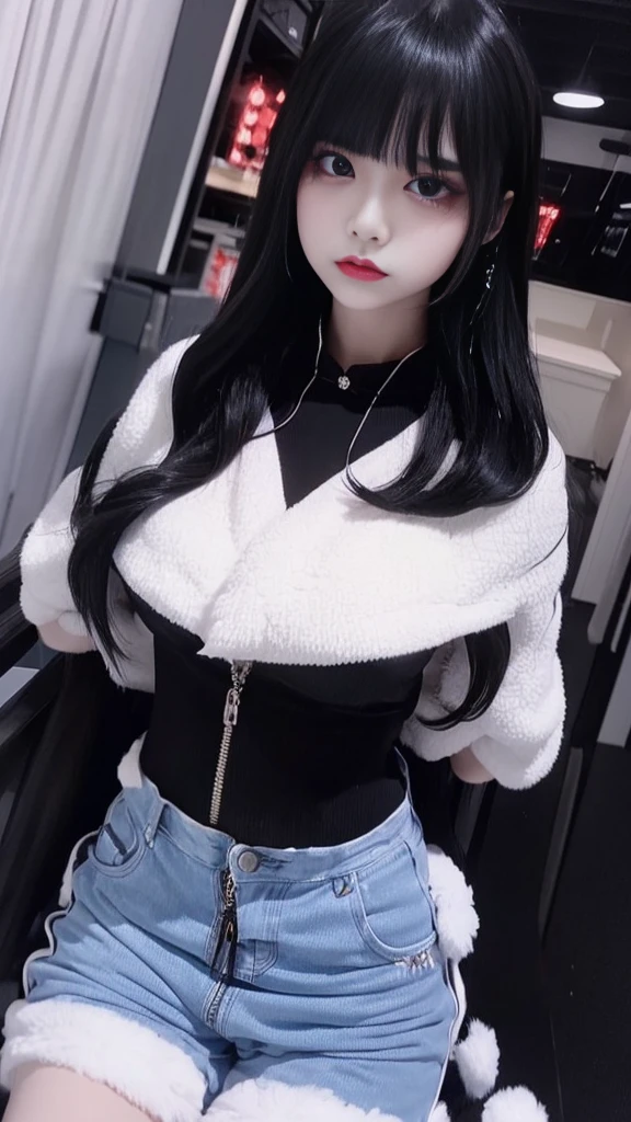 Black shorts、White fluffy oversized sweater、Off the shoulder、(((Big Breasts))),Big cleavage、Long black hair、jirai girl, jirai type make-up、Red eyeliner、(open doorway:1.3)