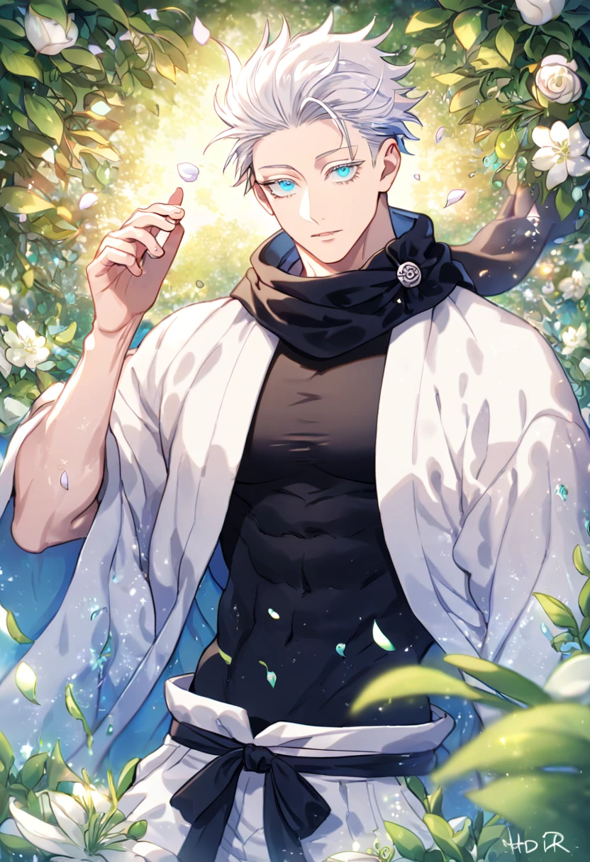 Ultra detailed, HDR, Highres, absurdres, master piece, Gojou Satoru, white hair with bangs, slicked back hair, white eyelashes, expressive blue eyes, black scarf, black tight shirt, white haori, white baggy pants, Jujutsu Kaisen, sexy man, handsome, flowers, petals, fantasy, magical, green leaves, summer, handsome, sensual, best quality, glittering, solo, manly man, water,