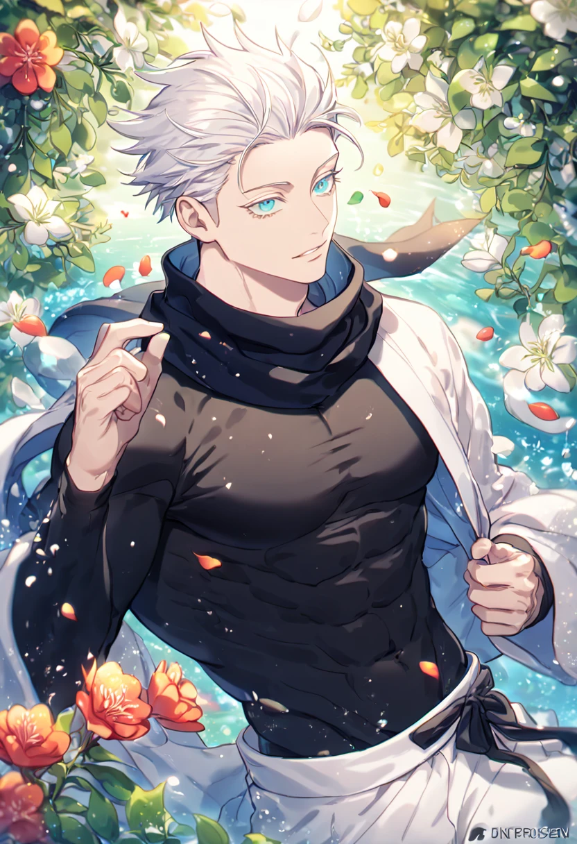 Ultra detailed, HDR, Highres, absurdres, master piece, Gojou Satoru, white hair with bangs, slicked back hair, white eyelashes, expressive blue eyes, black scarf, black tight shirt, white haori, white baggy pants, Jujutsu Kaisen, sexy man, handsome, flowers, petals, fantasy, magical, green leaves, summer, handsome, sensual, best quality, glittering, solo, manly man, water,