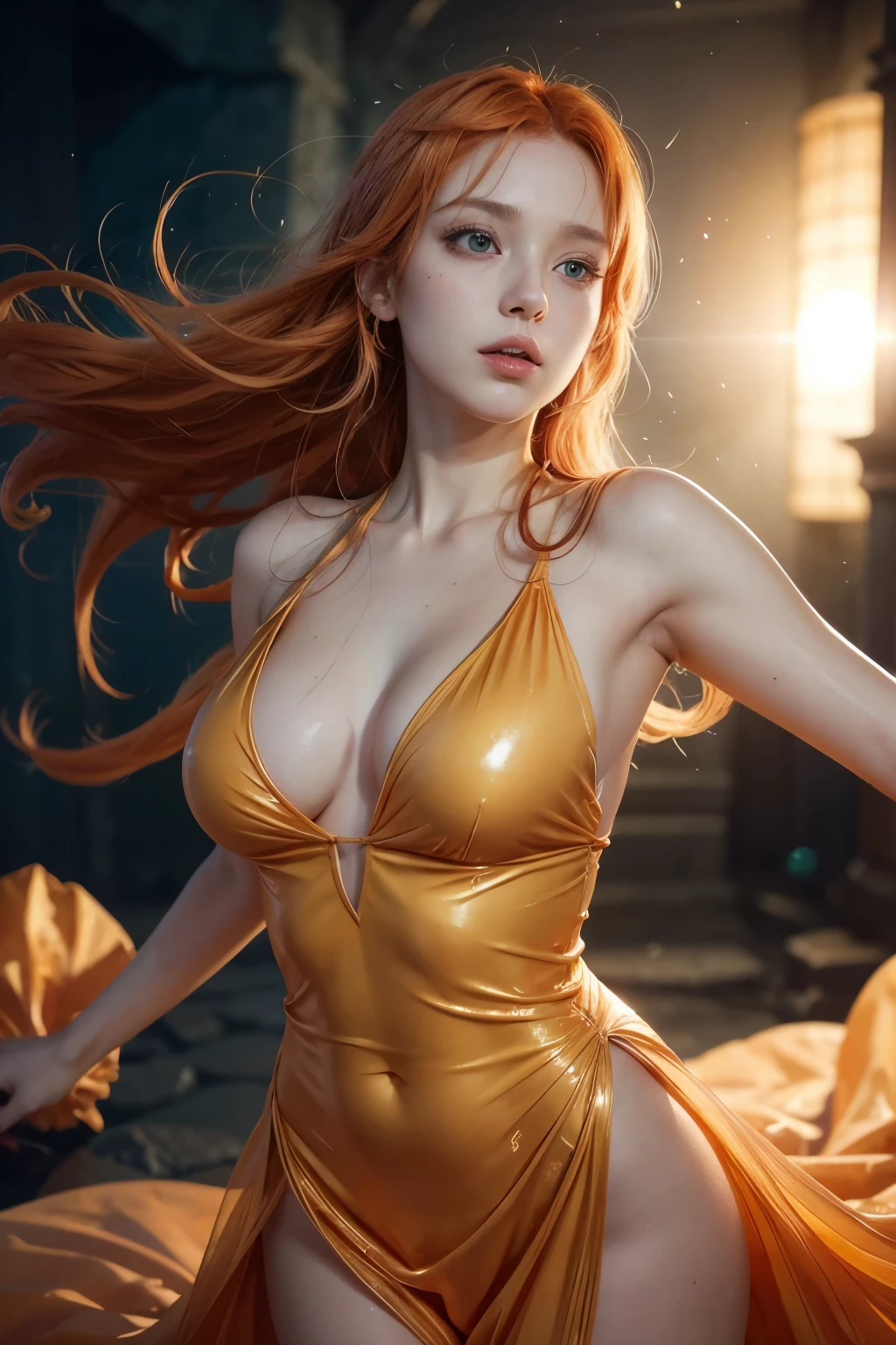 a beautiful girl in transparent clothes, Nami from One Piece, long orange hair, detailed facial features, beautiful eyes, detailed nose and lips, detailed skin, transparent flowing dress, graceful pose, vibrant colors, photorealistic, 8k, high quality, masterpiece, digital painting, hyper detailed, cinematic lighting, dramatic lighting, cinematic composition, dynamic pose