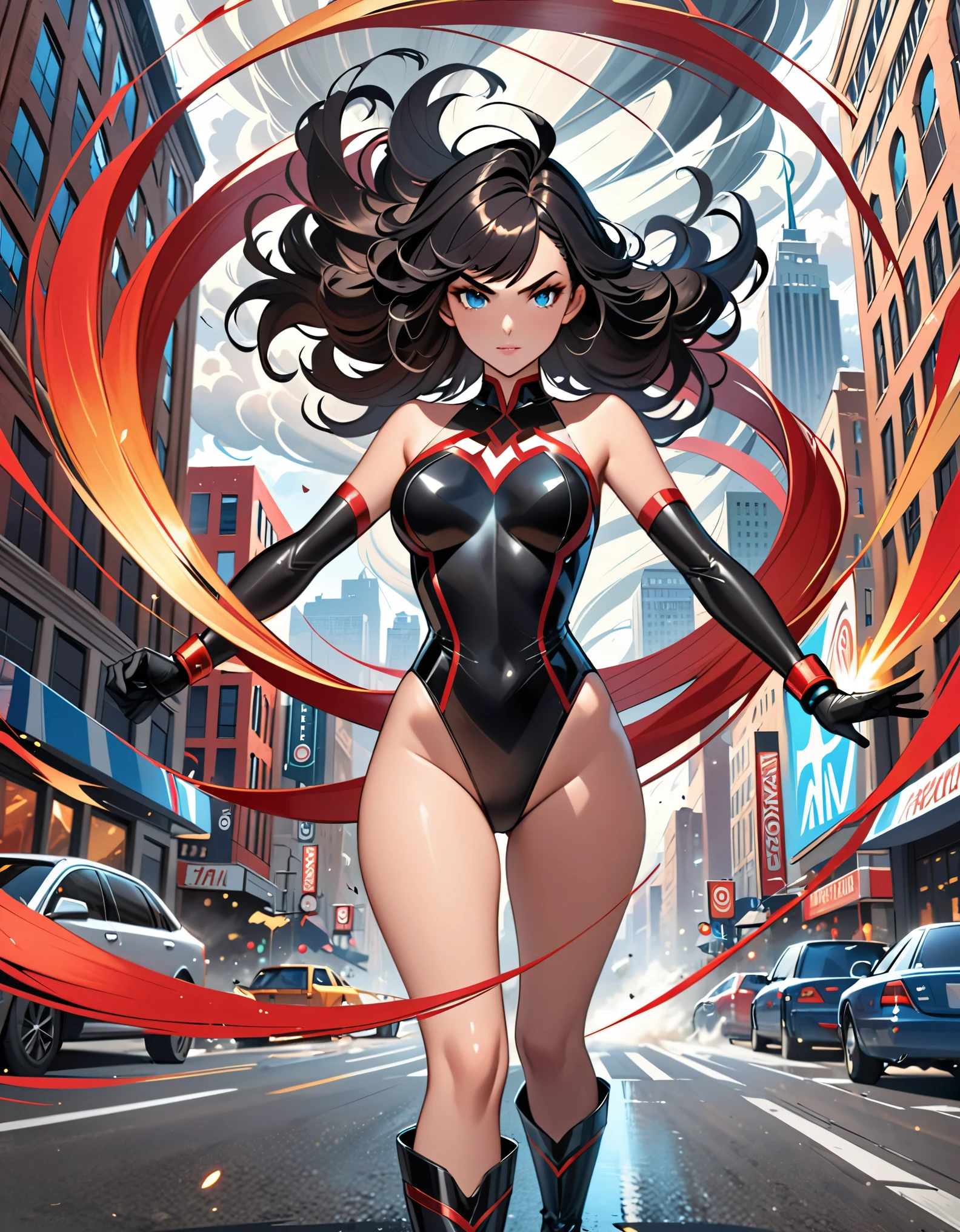 anime girl in a red and black suit twirling around in place on a city street, (fast spin, dynamic spin pose, standing straight), (spinning inside a tornado), (spinning in place like a tornado), see-through tornado in front of her, (crossed arms, extremely detailed artgerm, style artgerm, style ivan talavera and artgerm, krenz cushart and artgerm, range murata and artgerm, artgerm style, in the style artgerm, ig model | artgerm, artgerm detailed, black hair, long hair, medium hair, ahoge, blue eyes, ((leotard)), bare legs, matching boots and gloves, superhero, bracelets, solo, solo focus, curved sword slash