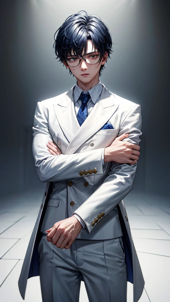 (HD), (ULTRA HD+++),(masterpiece), best quality, {{detailed image}}, half image, {{18 years old boy with dark blue short hair}}, wear glasses, white eyes mixed with blue, wearing a white suit with blood stains, hold a assault riffle in his hands, blood in his cheek, blood stains on his face and on his white suit, white background.