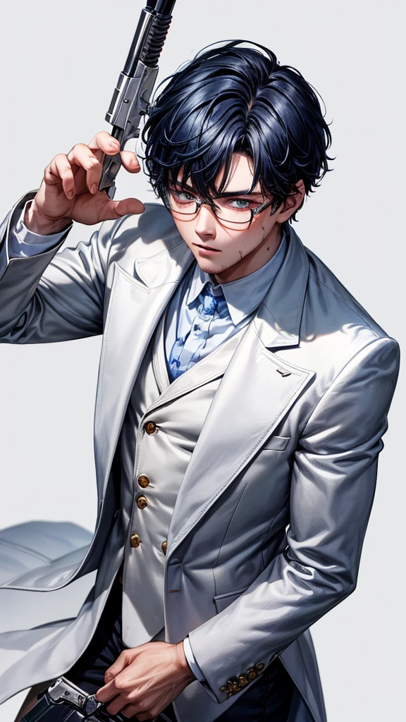 (HD), (ULTRA HD+++),(masterpiece), best quality, {{detailed image}}, half image, {{18 years old boy with dark blue short hair}}, wear glasses, white eyes mixed with blue, wearing a white suit with blood stains, hold a assault riffle in his hands, blood in his cheek, blood stains on his face and on his white suit, white background.
