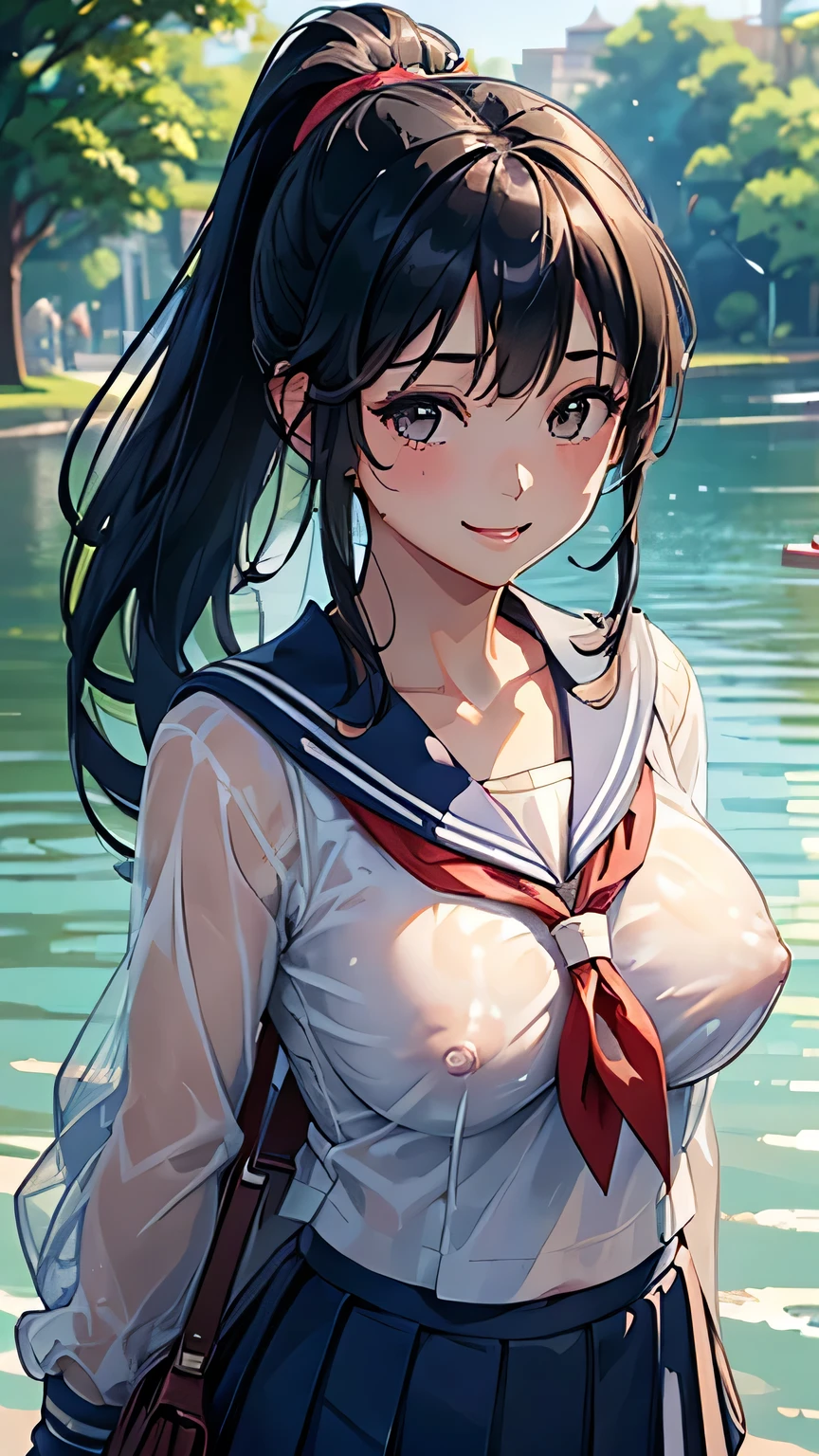 One girl, high school girl、(((リボン付きSailor suit))), Summer clothes、Wet and transparent、((Navy pleated ocks、loafers、ponytail、school bag)、My belly is visible through my clothes、cute, wonderful, Beautiful attention to detail, Iris, Black Hair, In detail, Depth of written boundary, Highly detailed CG, original, Highly detailed wallpaper, View your viewers, Detailed face, Cleavage, (Big Tits, Hard nipples)､Toned Abs, White skin, Realistic、(Cinema Lighting)、Detail emphasis, Beautiful lighting、(((Sailor suit))), Summer clothes、Wet and transparent, ((In the park after the rain))､Summer sunset､Realistic park､masterpiece, 最high quality, high quality, High resolution､ ((smile)),  smileで､((Upper body portrait))), ((Pause＿random))