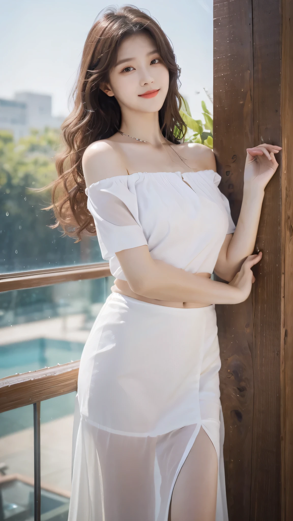 detailed background, masterpiece, best quality, 1 person , curly hair, long hair, purple eyes, star in eye , wet white color Strapless blouse, long skirt , jewelry