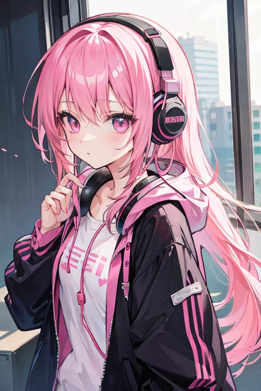 Pink hair anime girl with headphones 