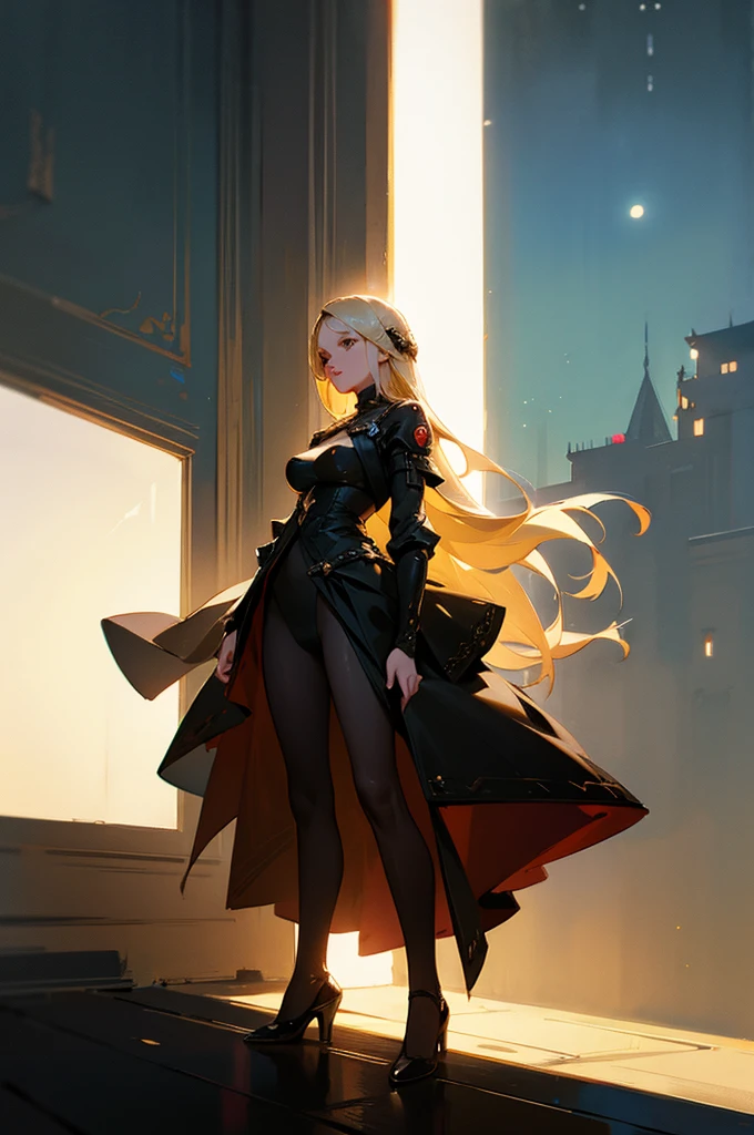 hyperrealistic image of the highest quality, The perfect masterpiece, perfect work of art, 8k, a young and beautiful woman, she is a princess from a faraway kingdom, long hair, blonde hair, dark green brown eyes, upturned nose, light skin color, long eyelashes, full lips, full body, big breasts, she is wearing white lace lingerie, she is wearing black long stockings, she is standing looking out the window at a futuristic cyberpunk city, it is night time, nearby planets can be seen in the sky, Annie Leibovitz style photography, ilya kuvshinov style, soft light, studio light, intricate details), majestic, aesthetic