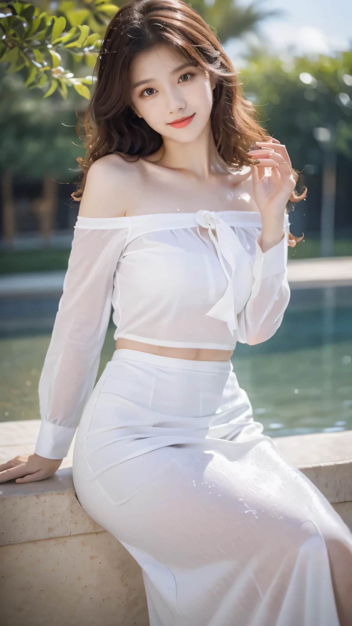 detailed background, masterpiece, best quality, 1 person , curly hair, long hair, purple eyes, star in eye , wet white color Strapless blouse, long  skirt , jewelry 