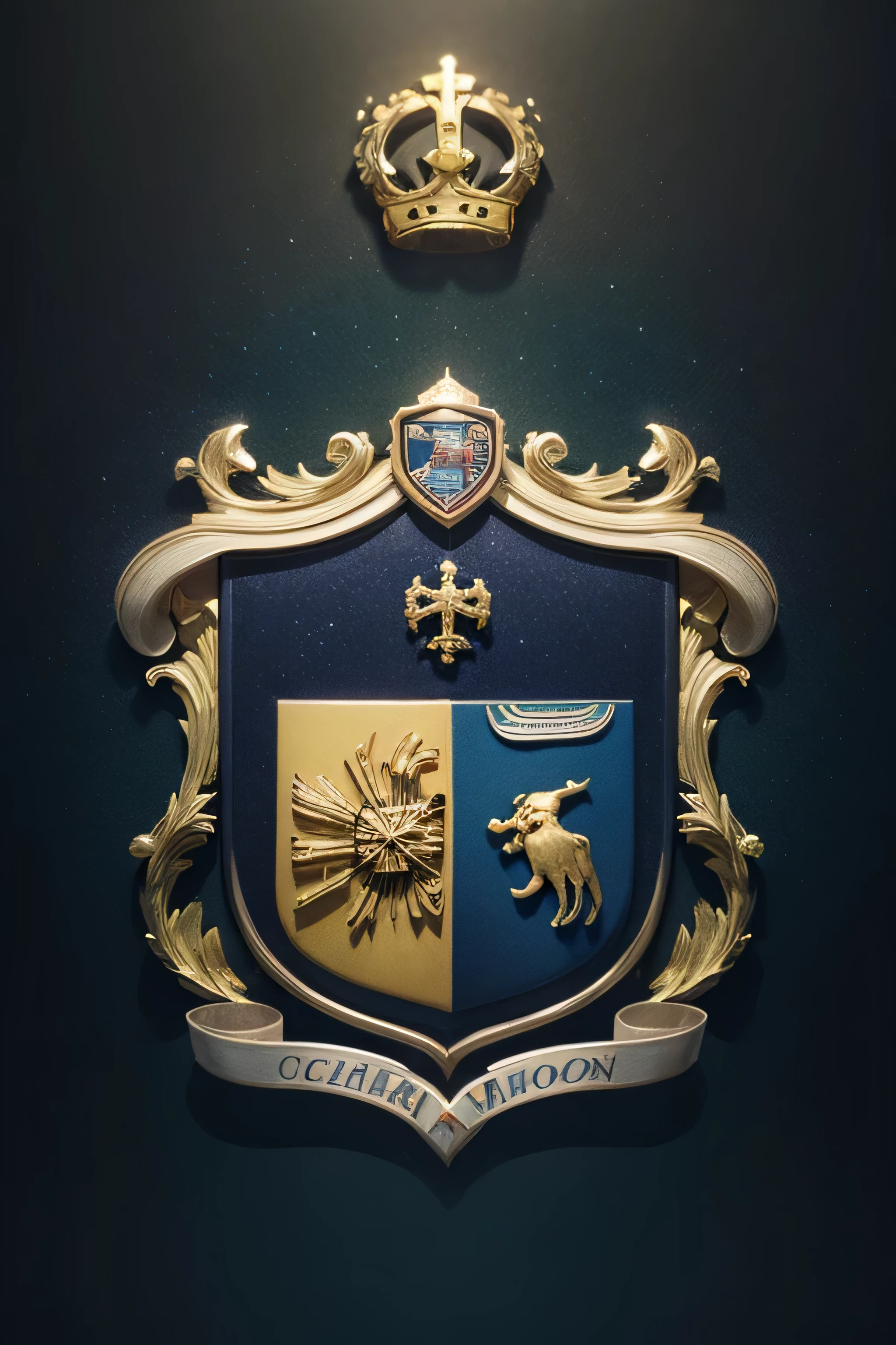 School coat of arms, royal blue, dark green and yellow, jaguar, classic style, cross, feather (nib), small, Danish Pastel, Glitchcore, panoramic, Cinema4D rendering, Depth of field, Virtual reality, clean colors, Groundcore, magic sparkles lighting, 64-bit --ar 1:1
