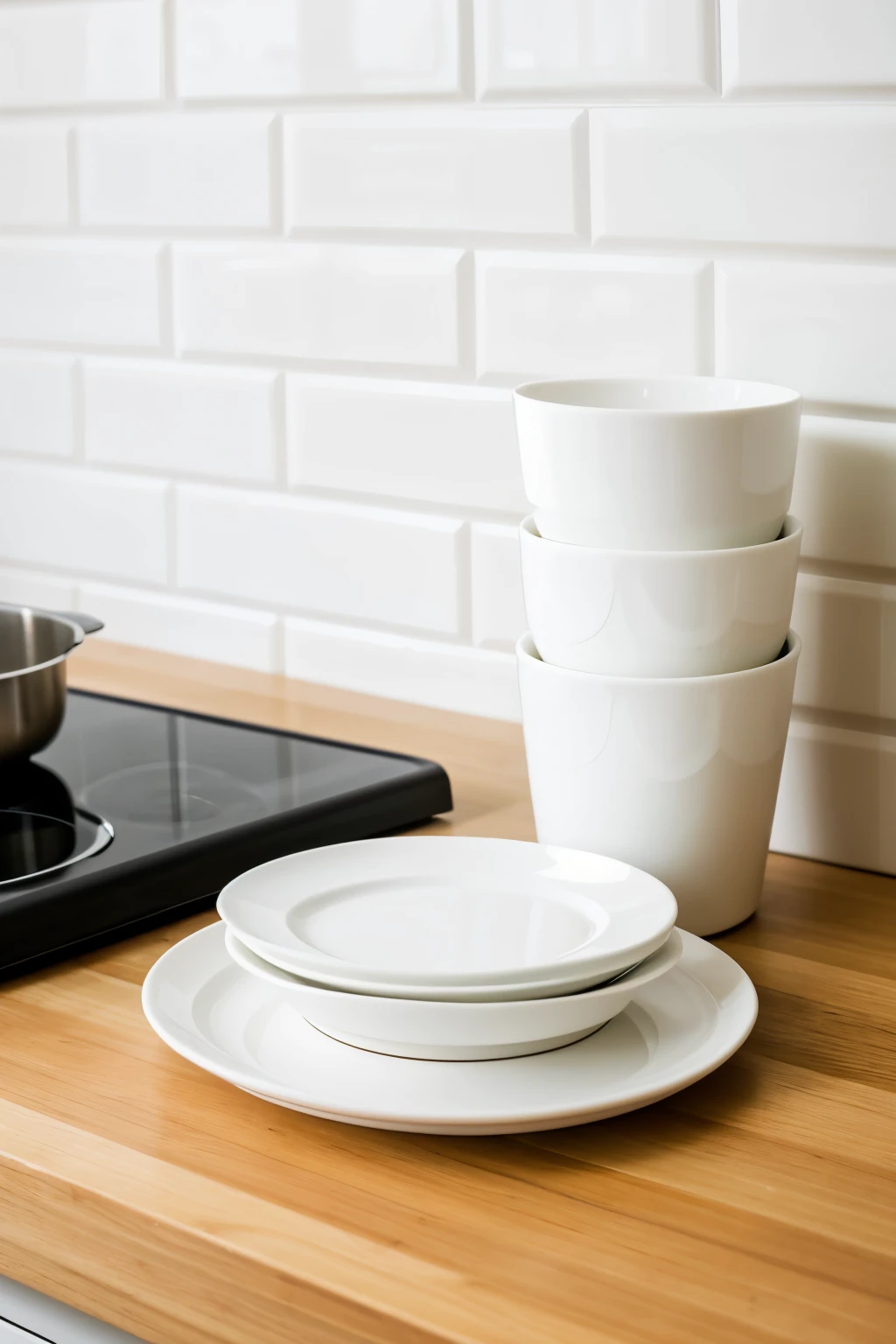 clean and modern kitchen with tableware plates cups and others
