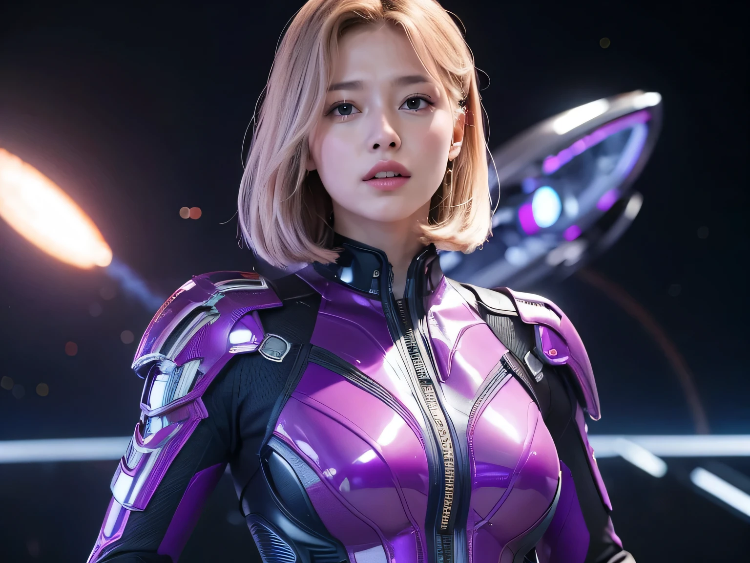 (RAW Photos, Highest quality), (Realistic, Photorealistic:1.3), 1 girl、Realisticbody、Purple battle costume、Meteor warrior flying from space、Fighting the reptilian aliens、Shielded Reflector Laser、smile