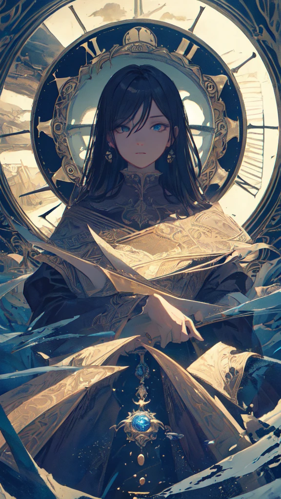 (masterpiece, Highest quality, Very detailed, Best Shadow), (Detailed Background,Dark fantasy), (Beautifully detailed landscapes), High Contrast, (Best lighting, Very delicate and beautiful), ((Cinematic Light)), colorful, Hyper Detail, Dramatic Light, Intricate details, Dynamic Angle), Black light swirling around, Depth of written boundary,black light particles,(Broken glass),magic circle,water,huge clocks,zero,the sun and the moon,Landscape only,There are no people,Watch Center,A clock sinking in water,Blue glowing light,Huge tower and city,Landscape