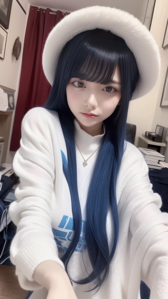 Highest quality、8k、32K、masterpiece、Ultra-clear、Highest quality、8k full vision, movie照明:1.2)、(Blue Right), One Girl、Long Hair Girl、Beautiful Japanese Woman、Black-haired、Heavy bangs、Long sleeve shirt、Hair length、Fluffy white sweater、Accentuate your breasts、choker、(Super big breasts:1.5), (jirai type fashion、Jirai Type Makeup, Jirai girl), Sparkling under-eye bags、Red glitter eye makeup, From feet to head、
indoor、moonlit room、Dark Room、dim、A room in a cozy apartment、Messy room、Messy room、
Anatomically correct, Highest quality, masterpiece, accurate, Chiaroscuro, blend, Background blur, movie, movie撮影, Super detailed, Super detailedな, Portrait Photography,