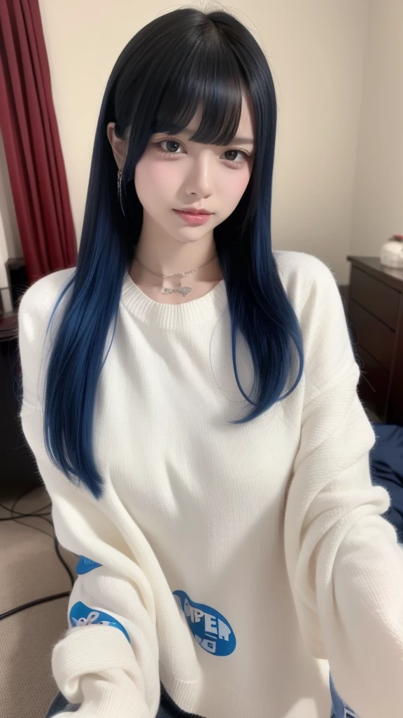 Highest quality、8k、32K、masterpiece、Ultra-clear、Highest quality、8k full vision, movie照明:1.2)、(Blue Right), One Girl、Long Hair Girl、Beautiful Japanese Woman、Black-haired、Heavy bangs、Long sleeve shirt、Hair length、Fluffy white sweater、Accentuate your breasts、choker、(Super big breasts:1.5), (jirai type fashion、Jirai Type Makeup, Jirai girl), Sparkling under-eye bags、Red glitter eye makeup, From feet to head、
indoor、moonlit room、Dark Room、dim、A room in a cozy apartment、Messy room、Messy room、
Anatomically correct, Highest quality, masterpiece, accurate, Chiaroscuro, blend, Background blur, movie, movie撮影, Super detailed, Super detailedな, Portrait Photography,