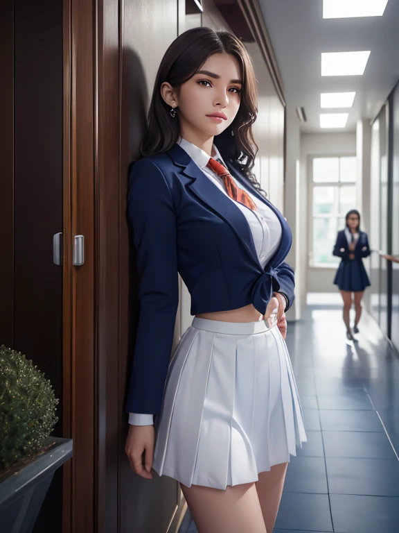 8k, of the highest quality, the real image, intricate details, Very detailed, ultra high resolution, depth field,(realist,realist:1.2),mesa , front shot , From the center , 1 girl, Dainty Wilder, very beautiful girl, Innocent big ojo,、beautiful breasts:1.5、Very detailedなojo:1.2)、(beautiful breasts:1.1)、wavy fur、Curly hair、hits、, Perfect skin, White skin, neckline, tight waist, slightly reddish, alone、 (Looking at the audience)、a slight smile、((school_uniform),(dark blue blazer), (White shirt、Wear a tie), (gray pleated skirt), (sculpture installation :1.1))、High school Hallway