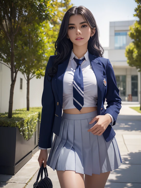 8k, of the highest quality, the real image, intricate details, Very detailed, ultra high resolution, depth field,(realist,realist:1.2),mesa , front shot , From the center , 1 girl, Dainty Wilder, very beautiful 17 year old girl, Innocent big ojo,、beautiful breasts:1.5、Very detailedなojo:1.2)、(beautiful breasts:1.1)、wavy fur、Curly hair、hits、, Perfect skin, White skin, neckline, tight waist, slightly reddish, alone、 (Looking at the audience)、a slight smile、((school_uniform),(dark blue blazer), (White shirt、Wear a tie), (gray pleated skirt), (sculpture installation :1.1))、High school Hallway