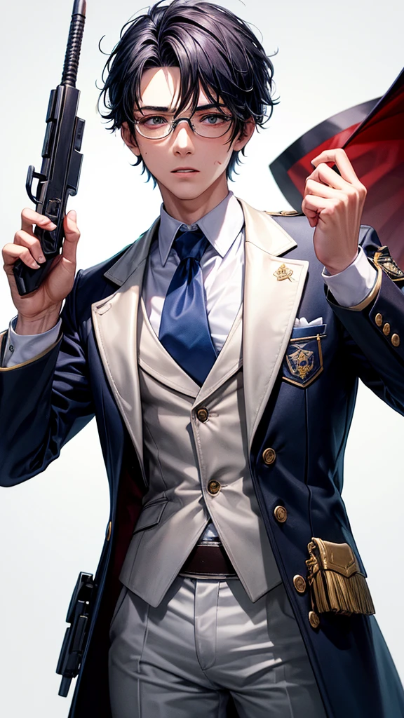 (HD), (ULTRA HD+++),(masterpiece), best quality, {{detailed image}}, half image, {{18 years old boy with dark blue short hair}}, wear glasses, white eyes mixed with blue, wearing a white suit with blood stains, hold a assault riffle in his hands, blood in his cheek, blood stains on his face and on his white suit, white background.