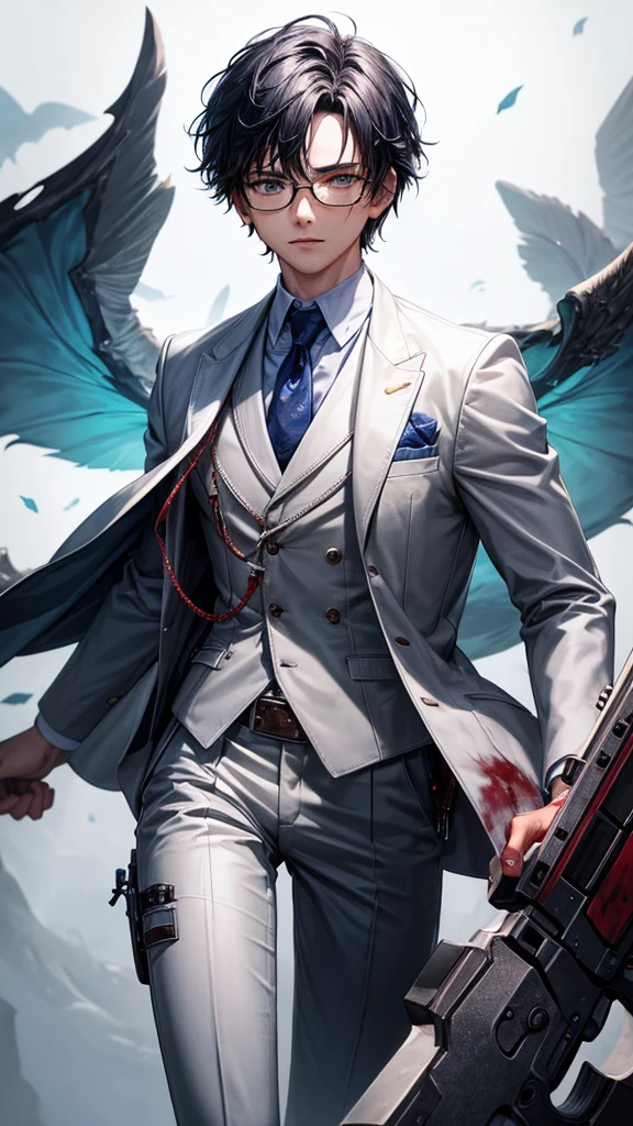 (HD), (ULTRA HD+++),(masterpiece), best quality, {{detailed image}}, half image, {{18 years old boy with dark blue short hair}}, wear glasses, white eyes mixed with blue, wearing a white suit with blood stains, hold a assault riffle in his hands, blood in his cheek, blood stains on his face and on his white suit, white background.